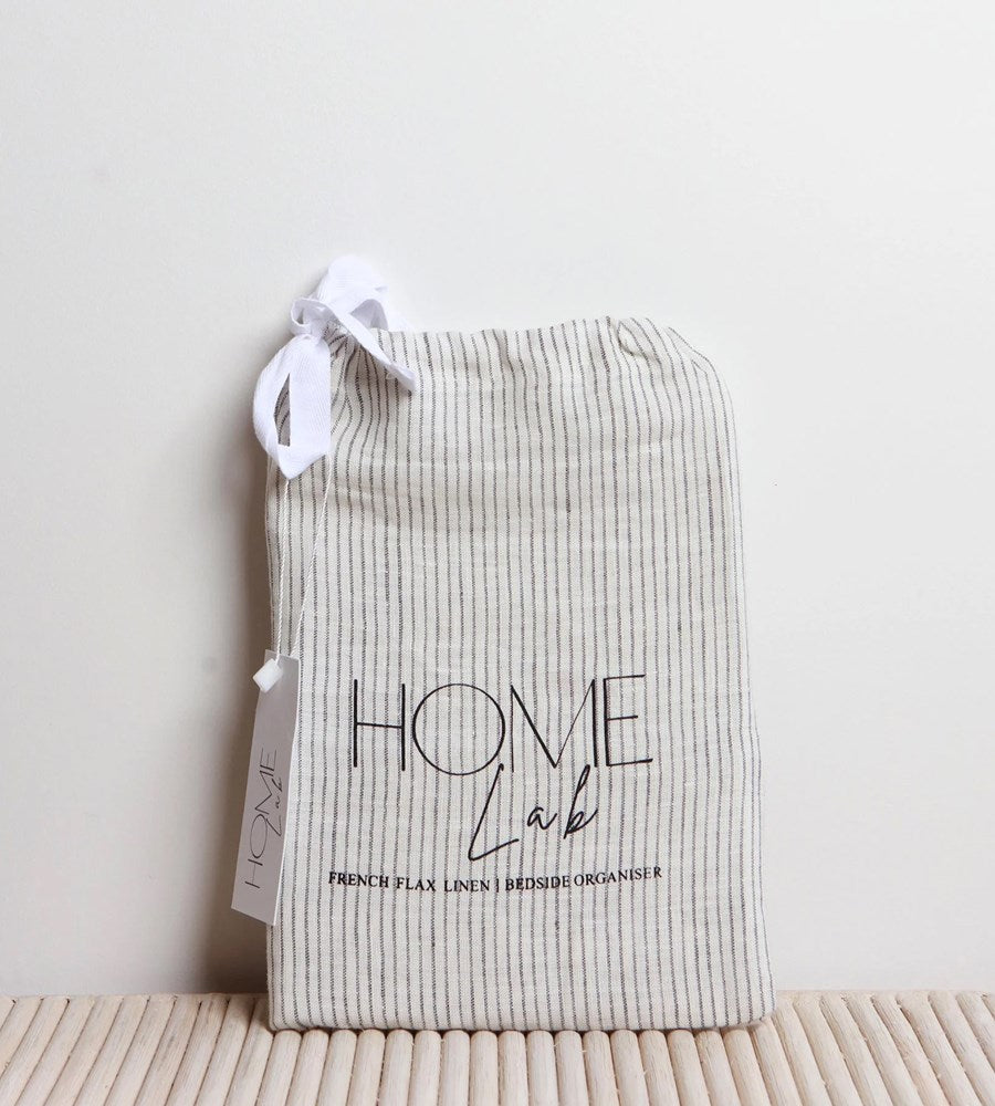 Home Lab | 100% French Flax Linen Bedside Organiser | Charcoal Pinstripe