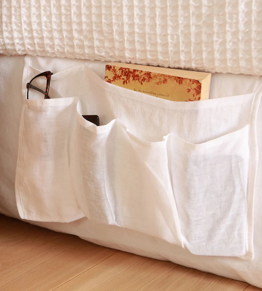 Home Lab | 100% French Flax Linen Bedside Organiser | White