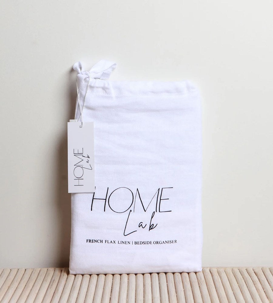 Home Lab | 100% French Flax Linen Bedside Organiser | White