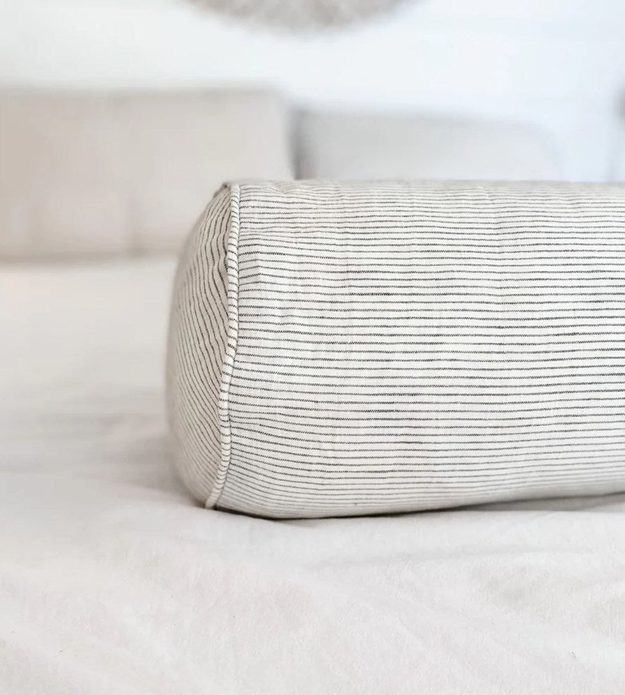 Home Lab | 100% French Flax Linen Feather filled Bolster Cushion | Charcoal Pinstripe