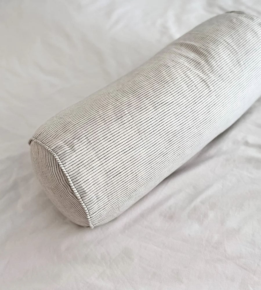 Home Lab | 100% French Flax Linen Feather filled Bolster Cushion | Charcoal Pinstripe