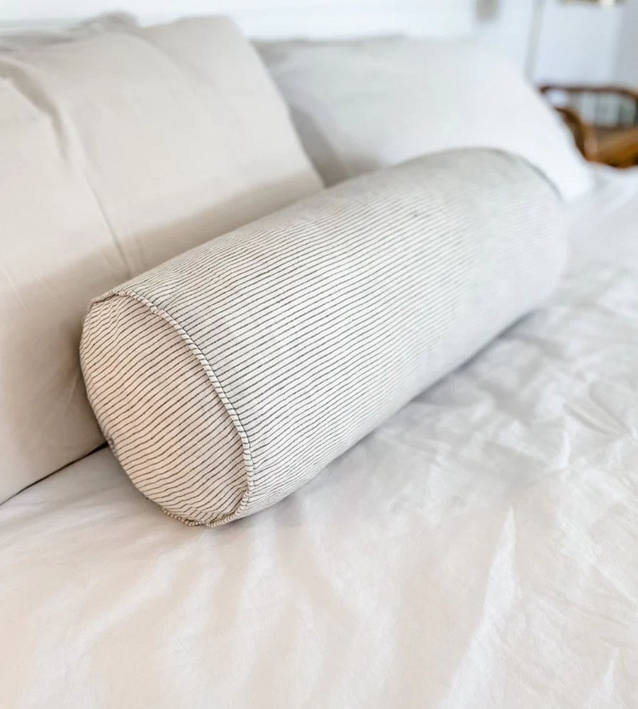 Home Lab | 100% French Flax Linen Feather filled Bolster Cushion | Charcoal Pinstripe