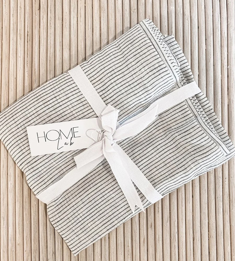 Home Lab | 100% French Flax Linen Napkin | Set of 4 | Charcoal Pinstripe