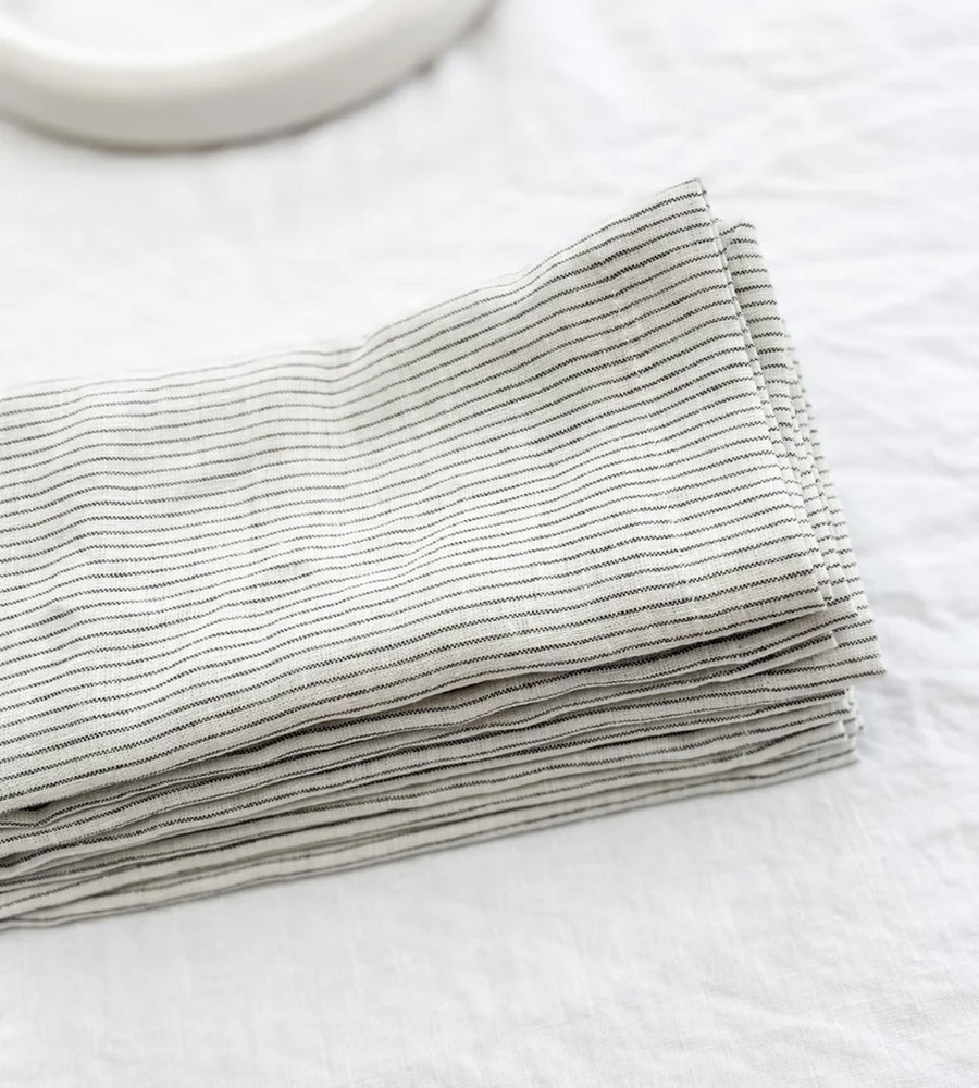 Home Lab | 100% French Flax Linen Napkin | Set of 4 | Charcoal Pinstripe