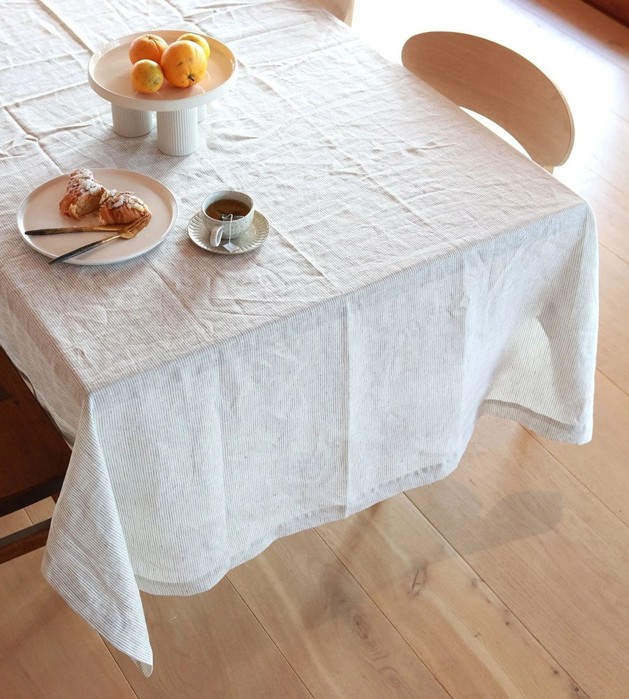 Home Lab | 100% French Flax Linen Tablecloth | Charcoal Pinstripe