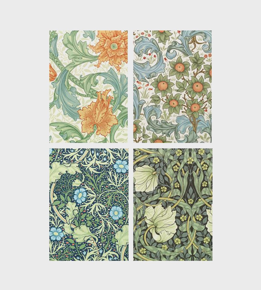 Set of four floral patterns in green, orange, and blue on a white background