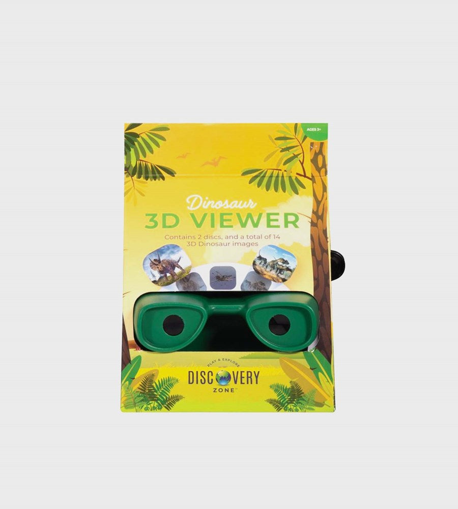 Dinosaur 3D Viewer packaging with green binoculars on a yellow background