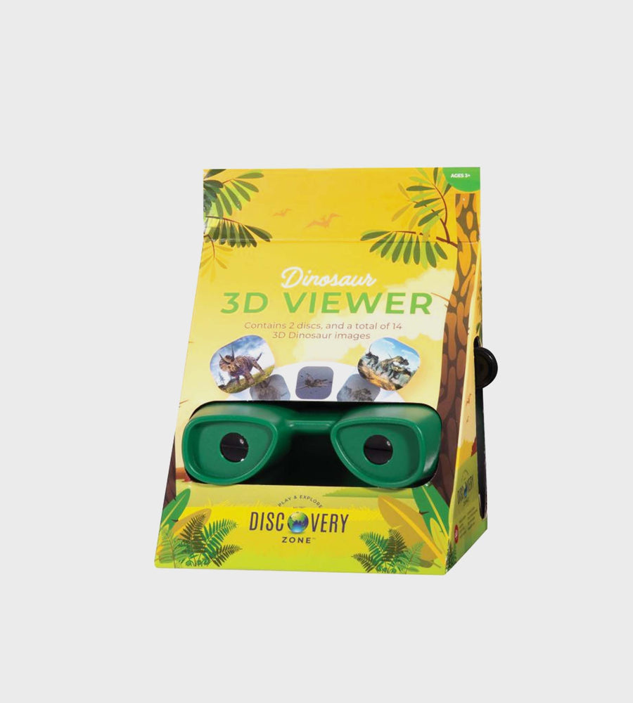 Dinosaur 3D viewer packaging with green binoculars and yellow background