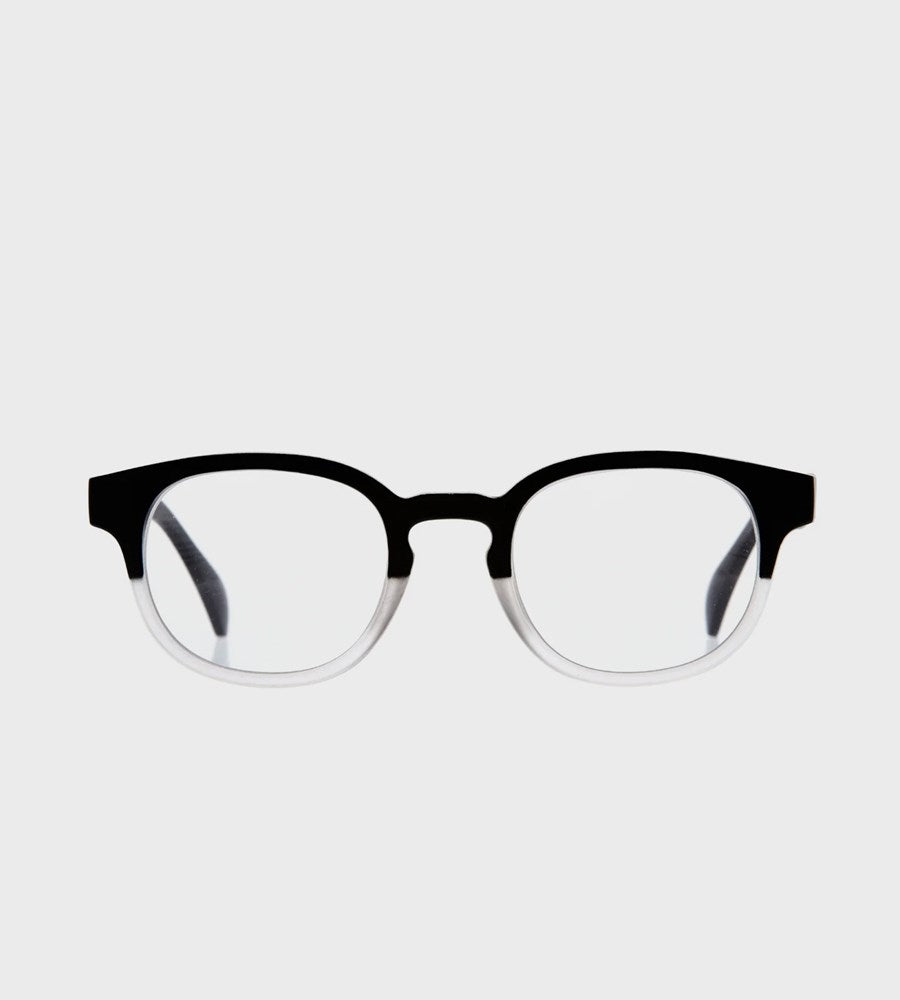 Black-framed eyeglasses on a white background