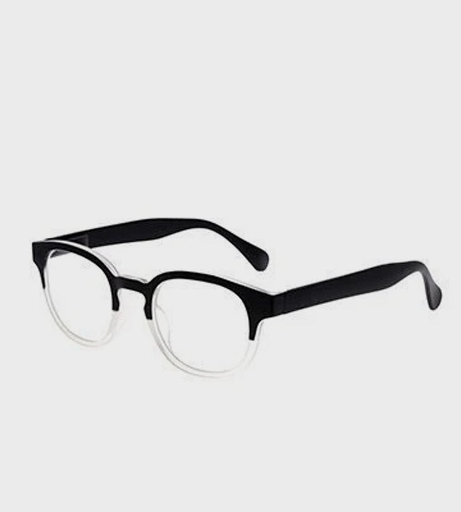 Black round eyeglasses on a light gray background