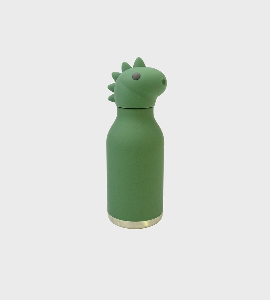 Green dinosaur-shaped bottle on a light gray background