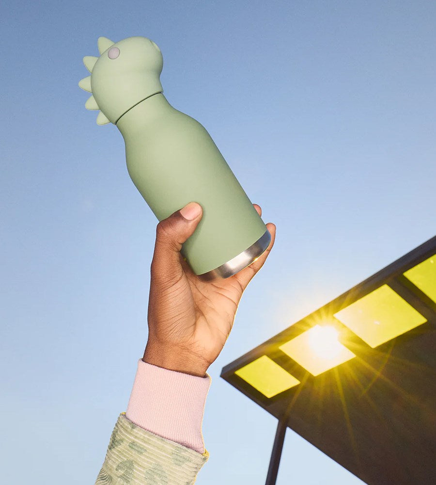 Person holding a green dinosaur-shaped water bottle with a solar panel in the background