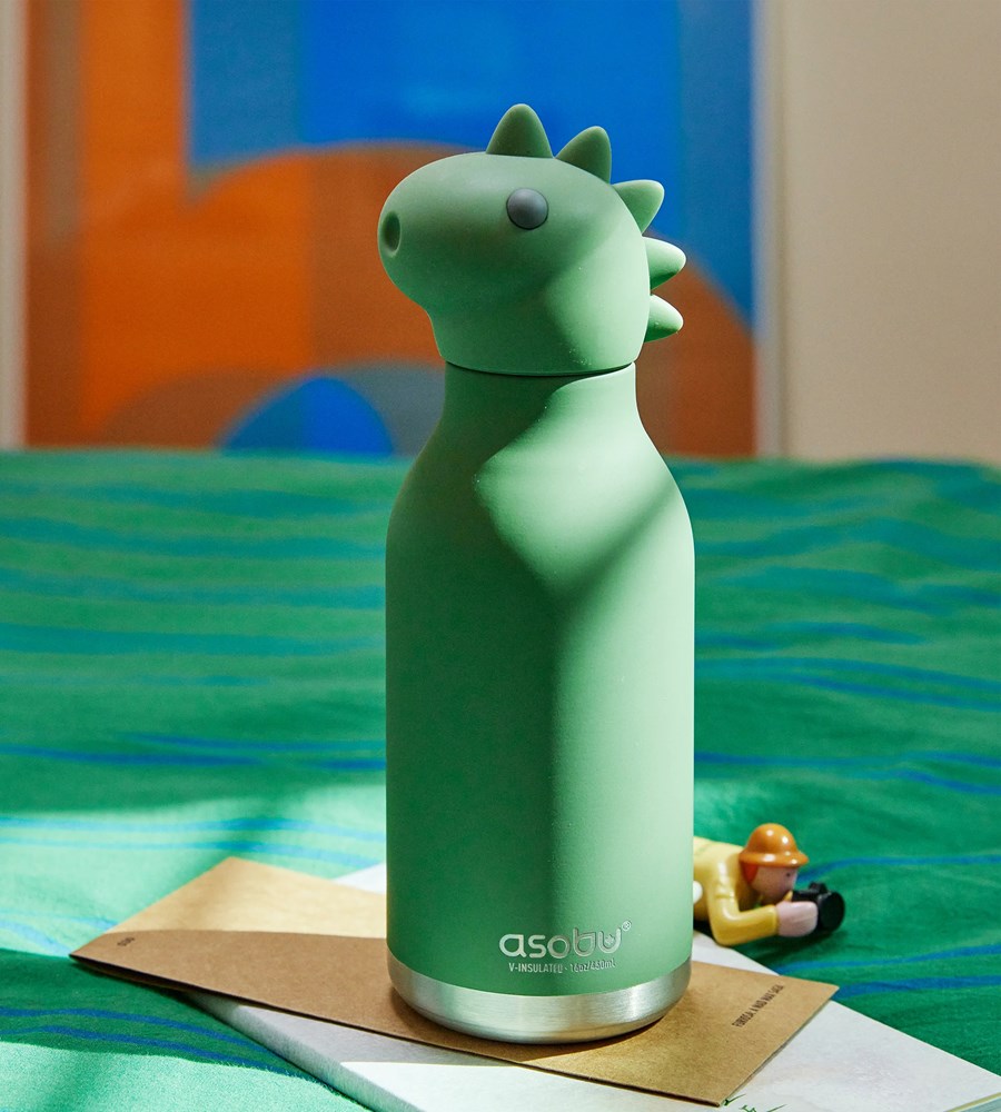 Green dinosaur-shaped water bottle with 'asobu' branding on a colorful background