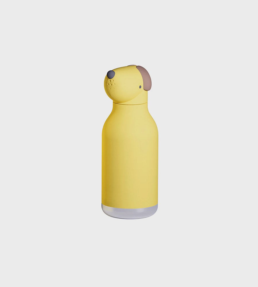Yellow water bottle with a dog-shaped cap on a white background