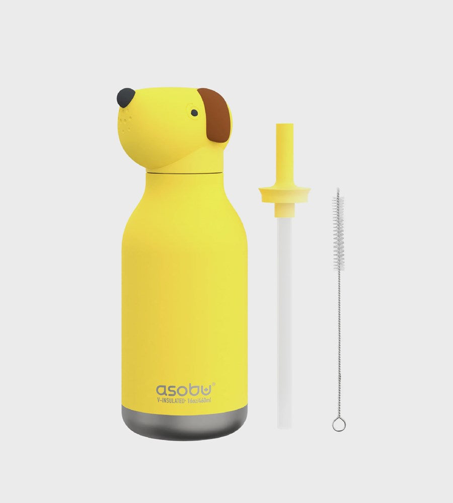 Yellow dog-shaped water bottle with straw and cleaning brush on a white background