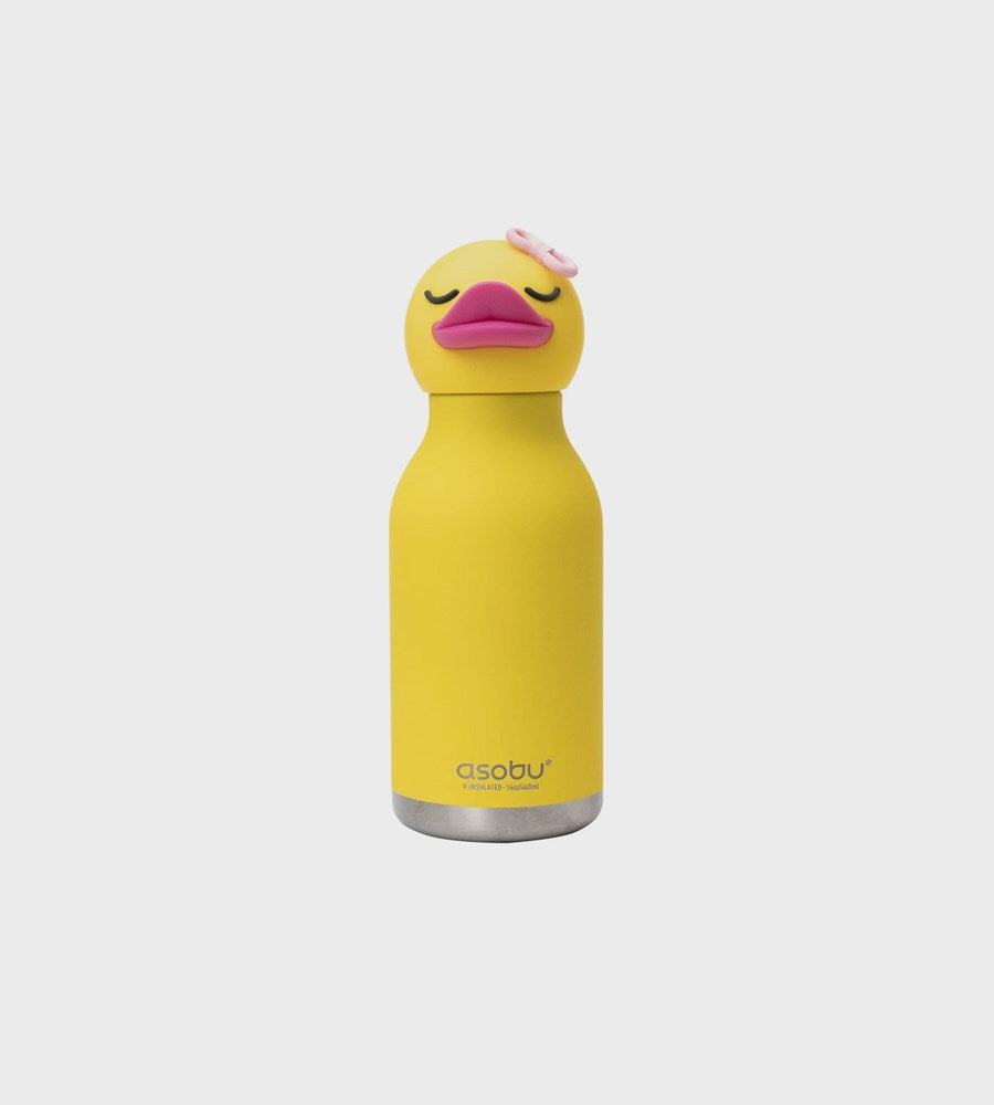 Yellow duck-shaped water bottle with a pink flower on a white background