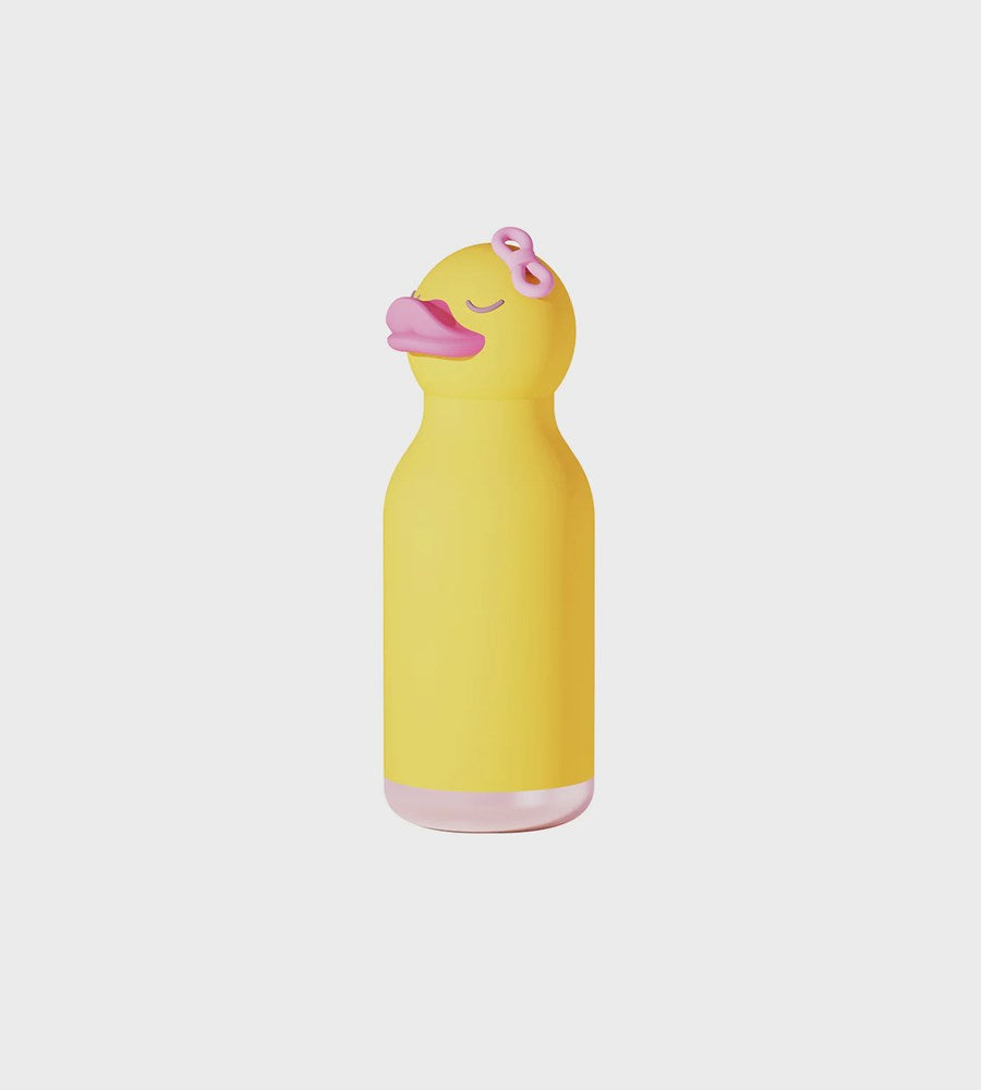 Yellow duck-shaped water bottle on a light gray background
