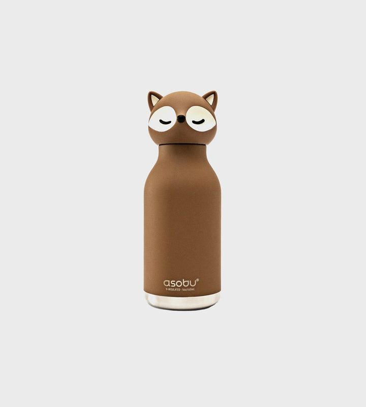 Brown water bottle with fox design on a white background