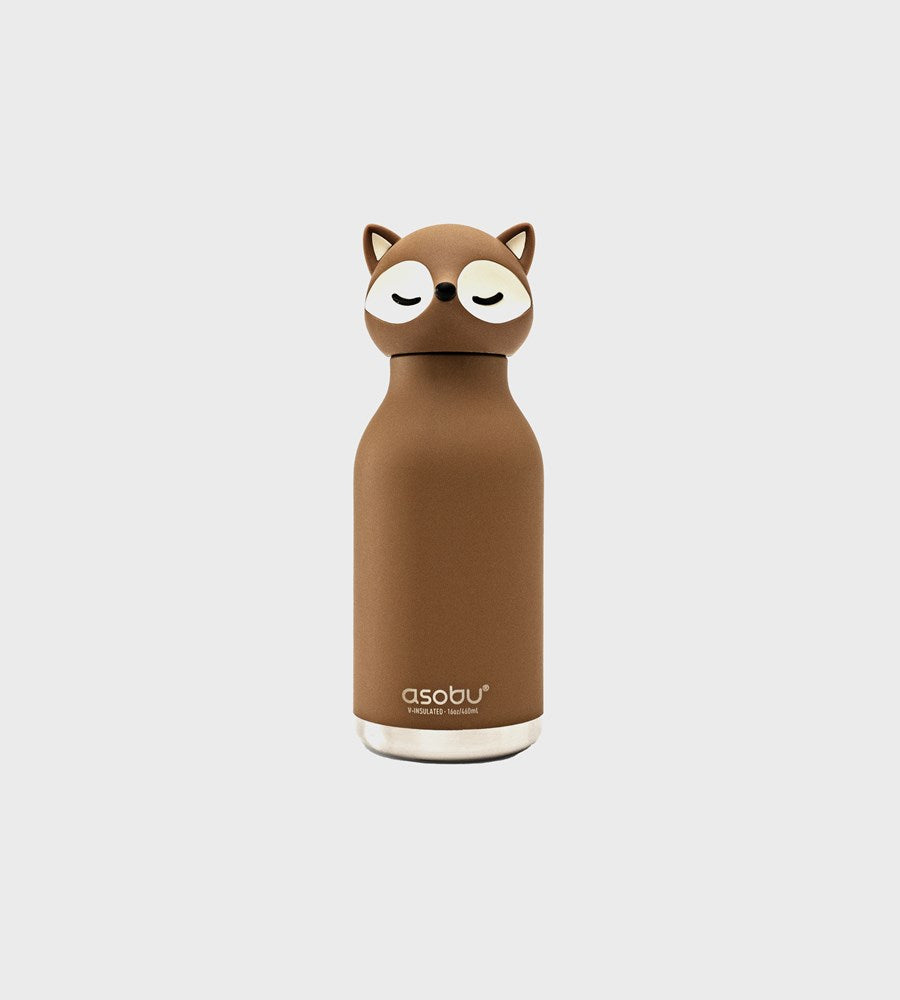 Brown water bottle with fox design on a white background