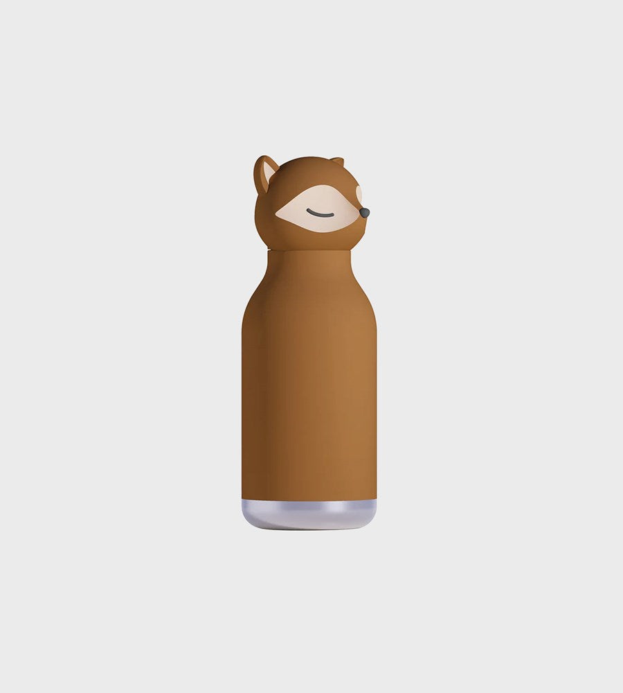 Brown water bottle with a bear-shaped cap on a white background