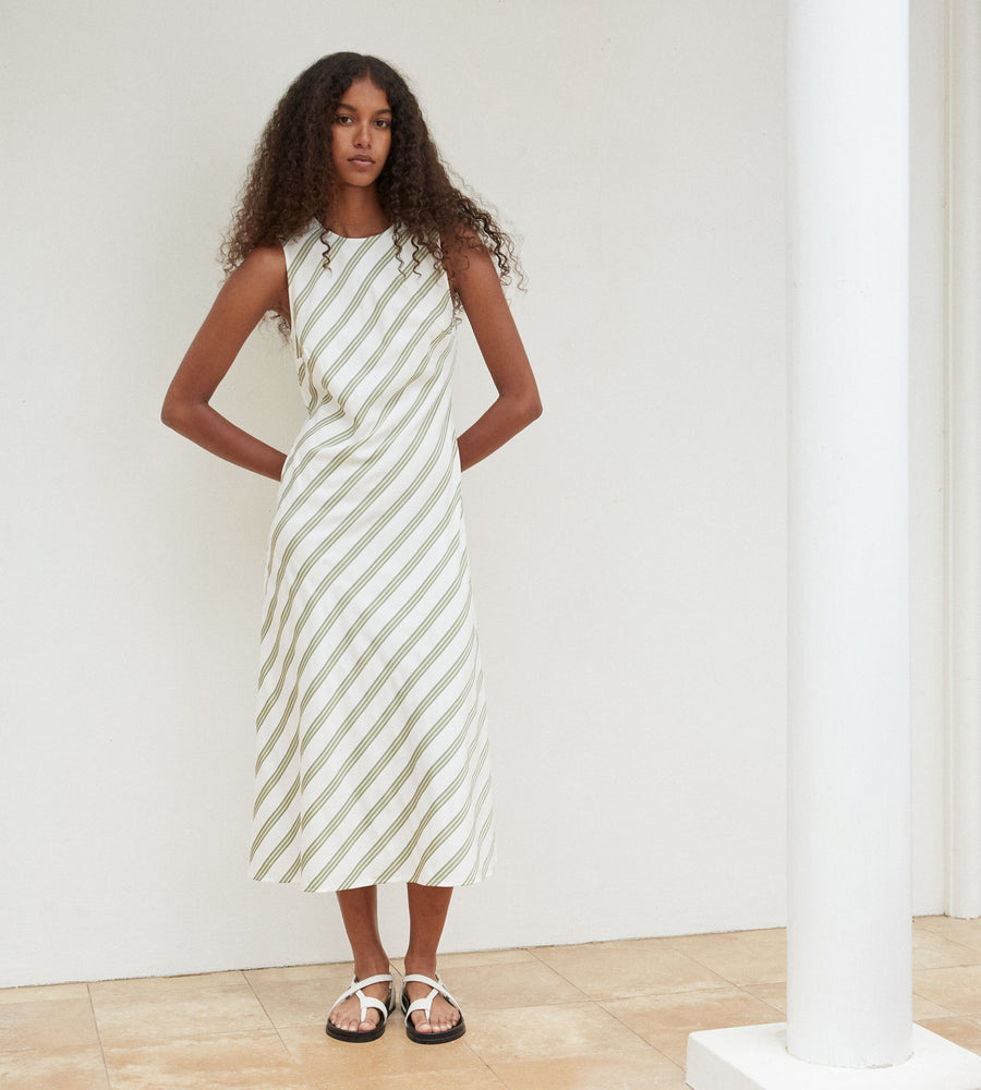 Assembly Label | Isola Stripe Midi Dress | Pandan/Antique White