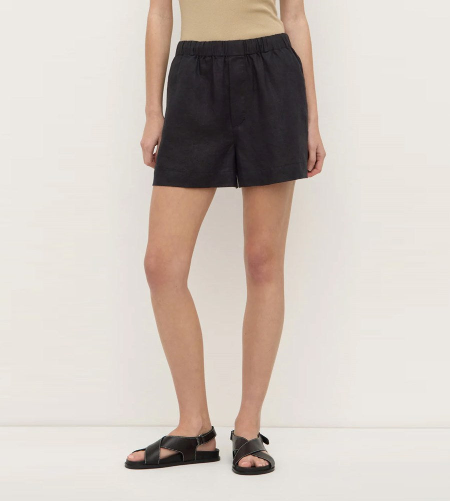 Person wearing black shorts on a white background