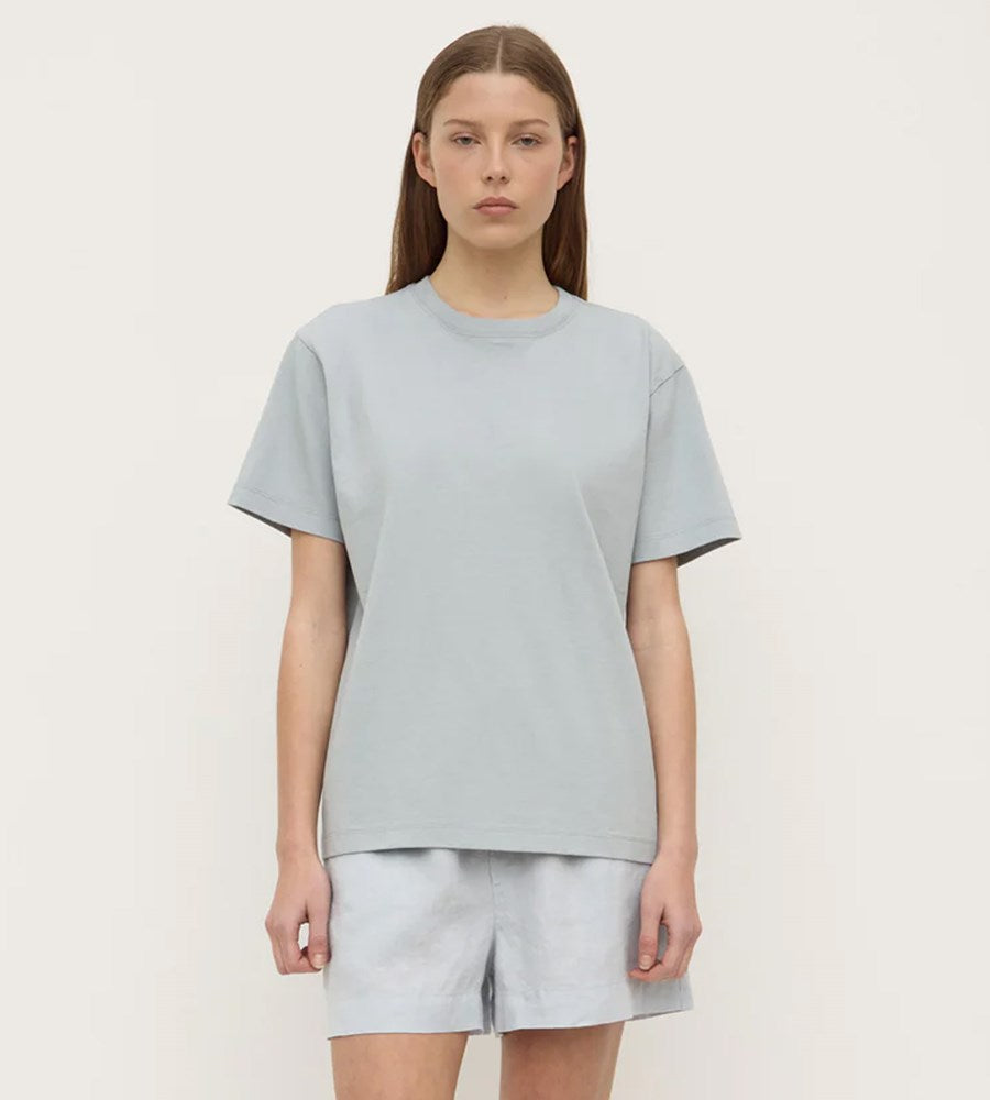 Person wearing a light gray t-shirt and shorts on a white background