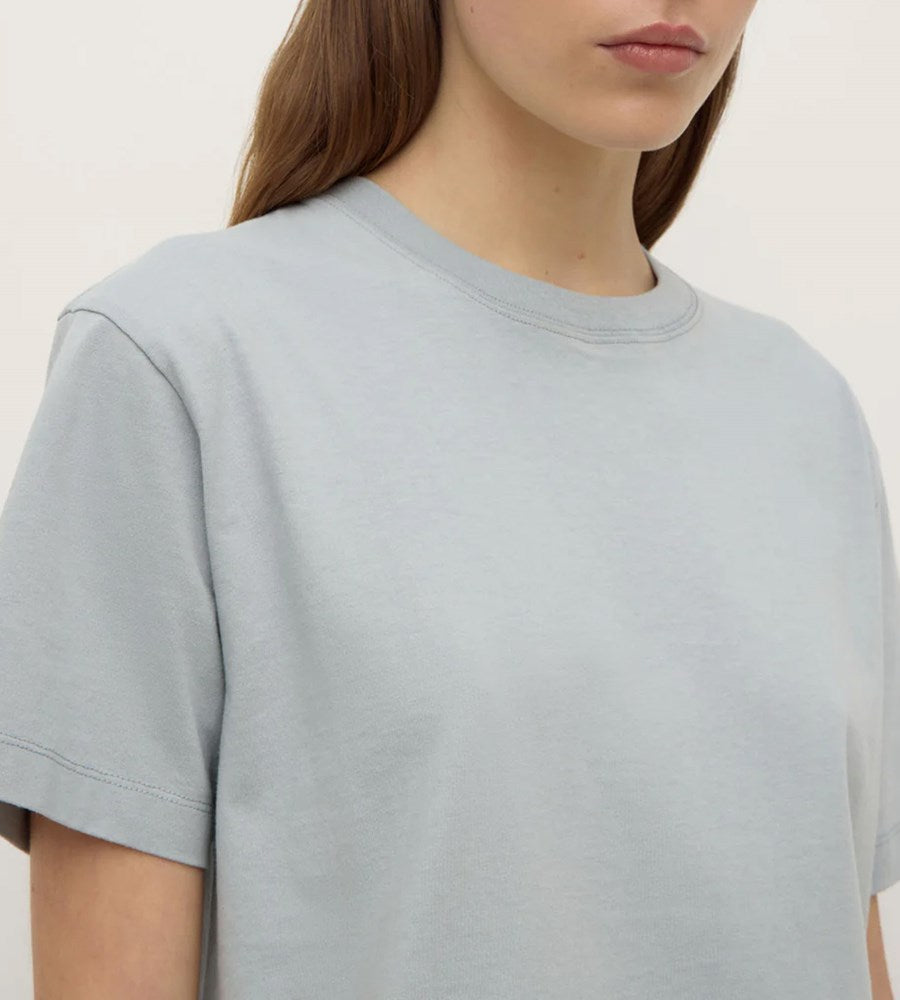 Person wearing a light gray t-shirt against a neutral background