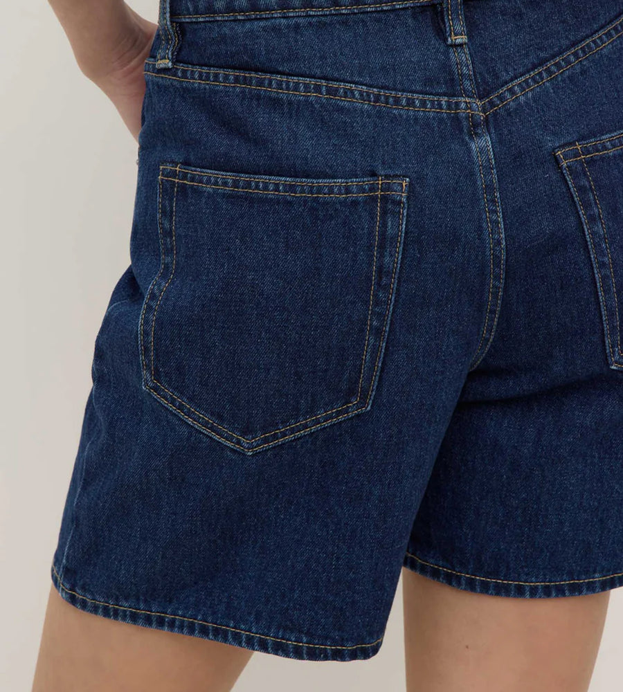 Close-up of blue denim shorts on a plain background