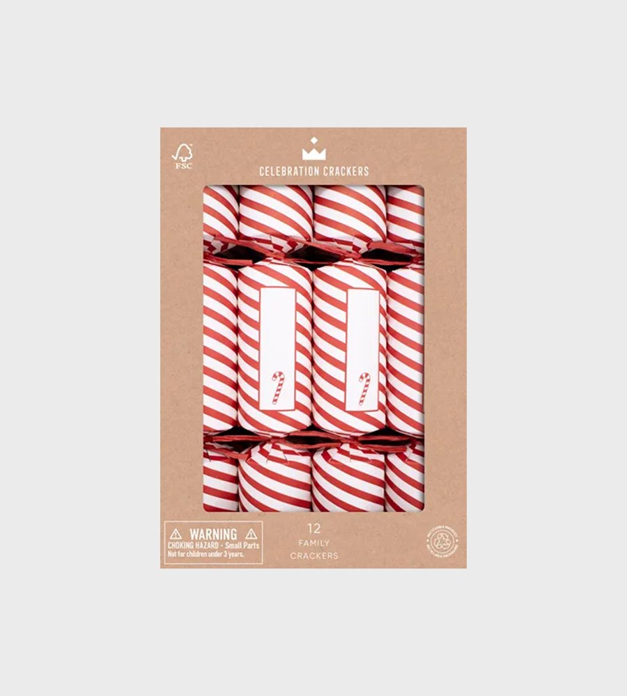 Box of red and white striped crackers with a brown cardboard packaging on a light gray background