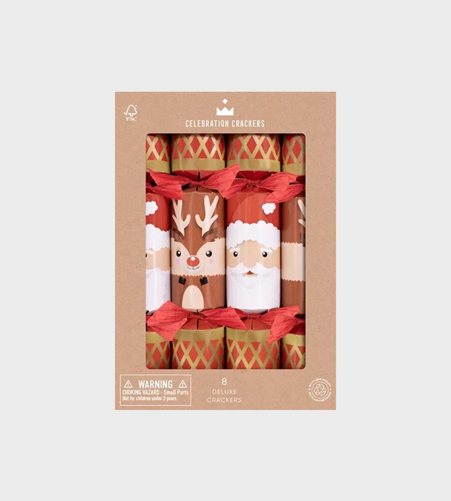 Box of Christmas crackers with Santa Claus, reindeer, and snowman designs on a white background.