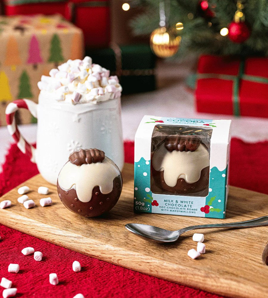 Cocoba Christmas Pudding Hot Chocolate Bombe with Mini Marshmellows