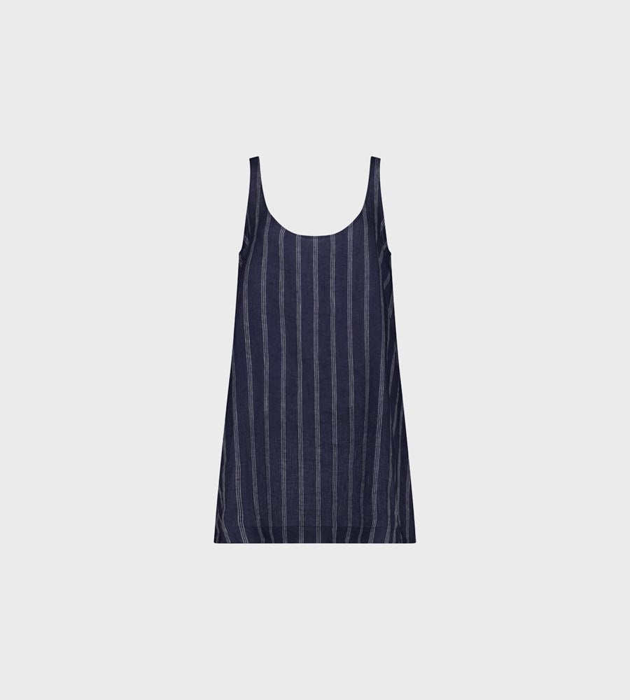 Navy striped dress on a light gray background