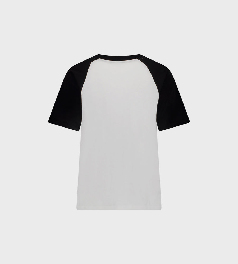 Black and white baseball-style t-shirt on a light grey background