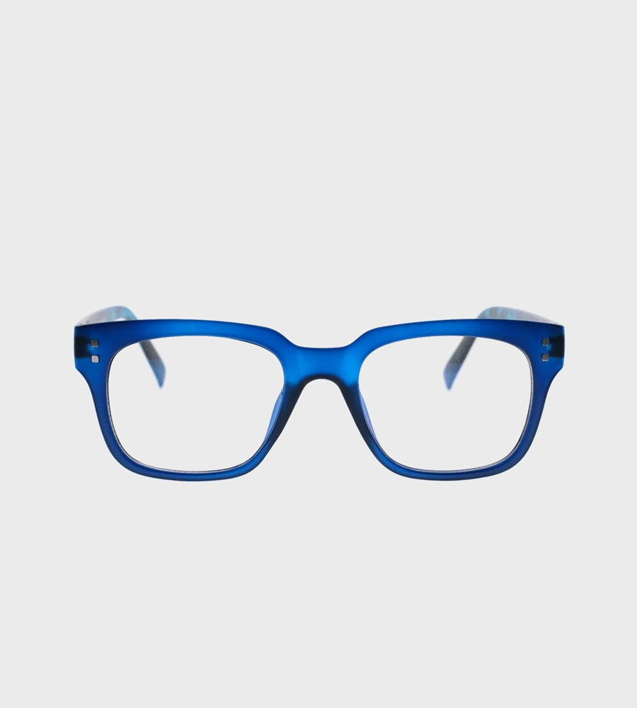 Blue eyeglasses on a light gray background