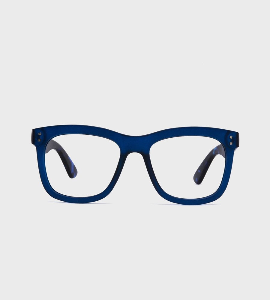 Blue eyeglasses on a light gray background