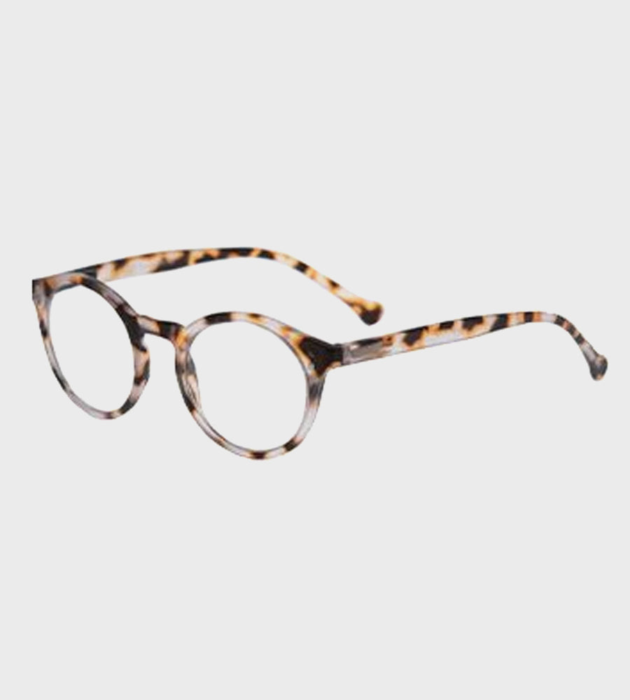 Tortoiseshell eyeglasses on a light gray background