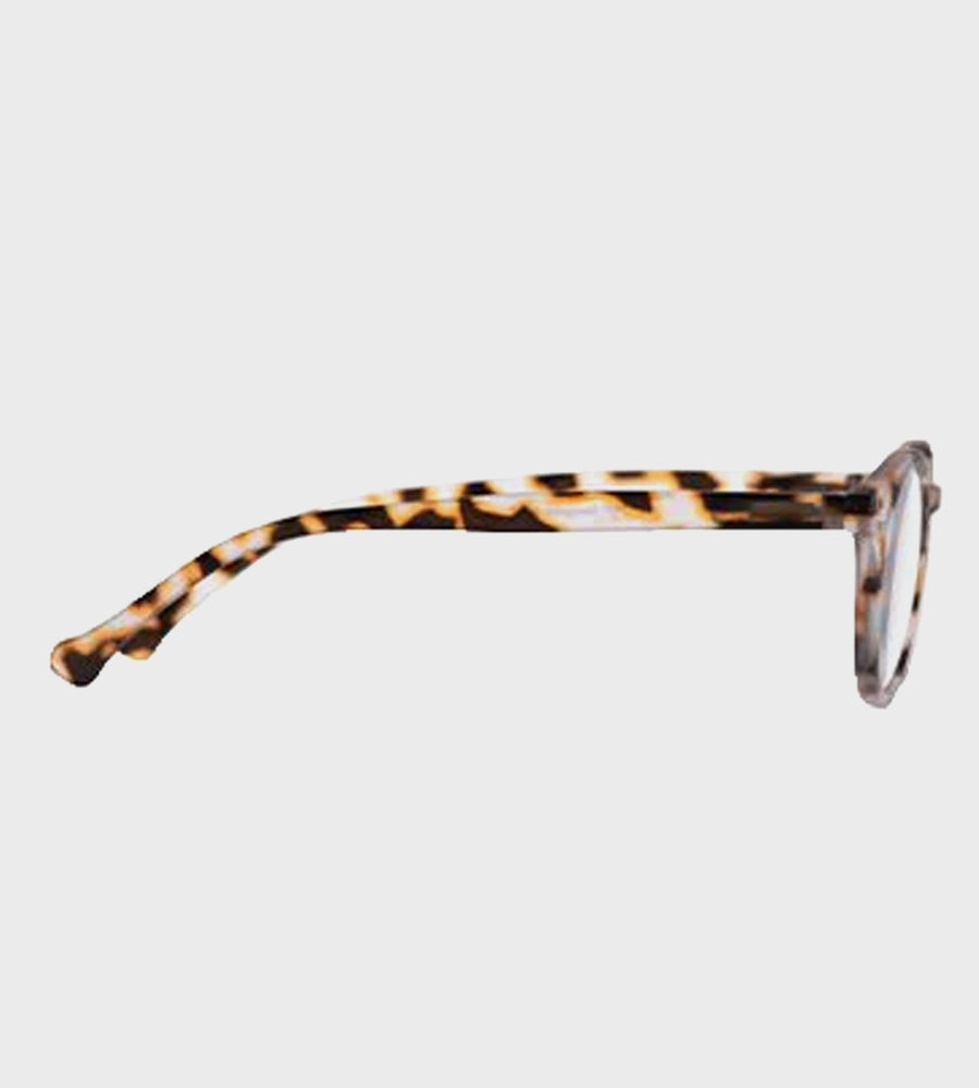 Round eyeglasses with tortoiseshell frame on a light gray background