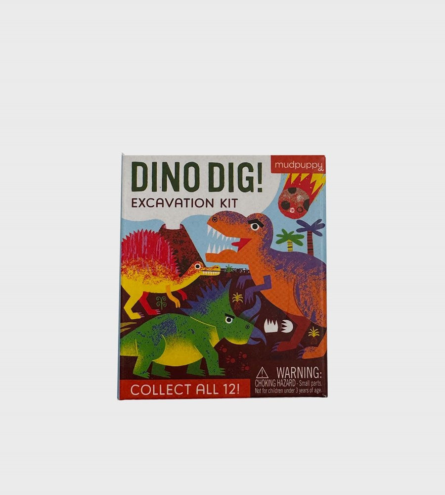 Dino Dig excavation kit packaging with colorful dinosaurs on a white background