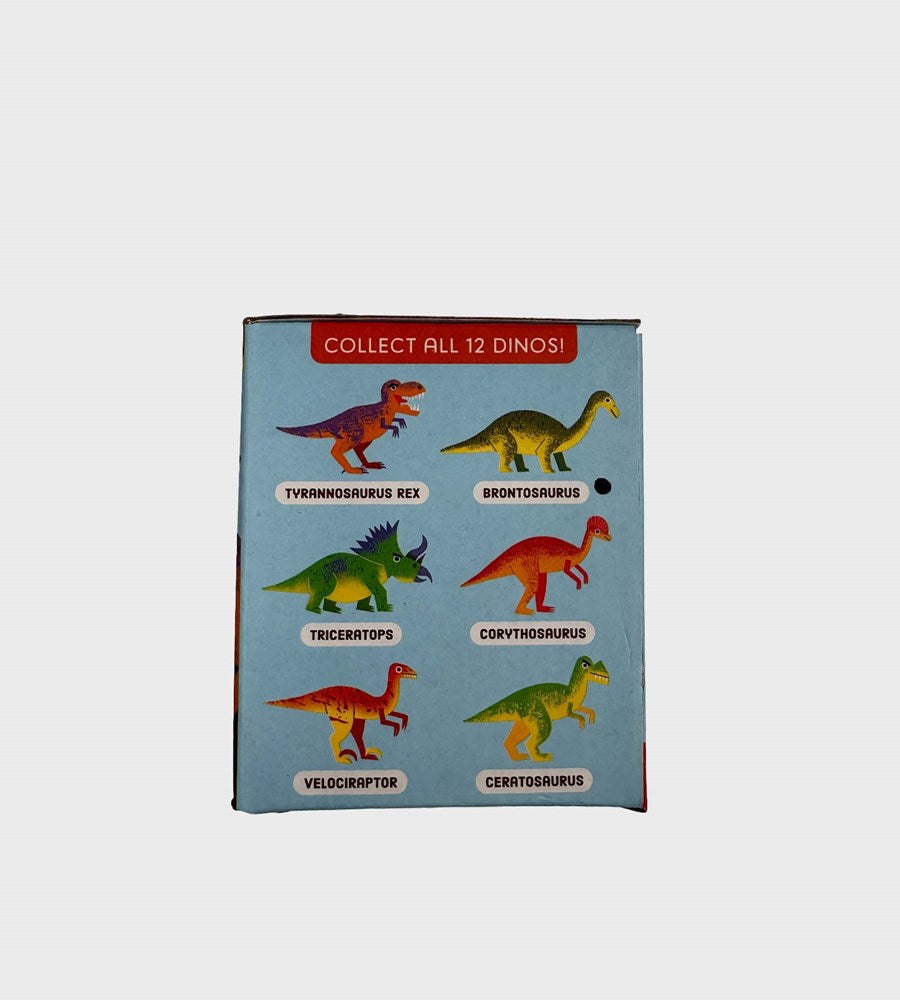 Box of dinosaur toys with illustrations and text on a light blue background