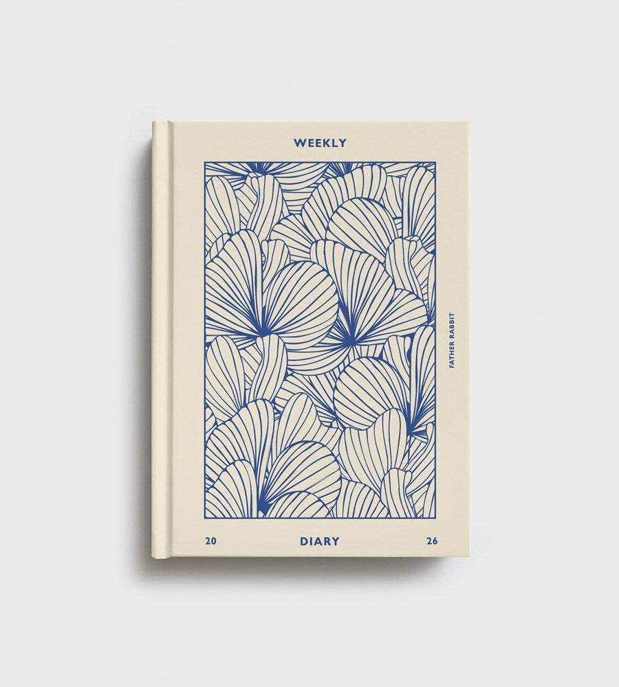 Weekly diary with blue leaf pattern on beige cover