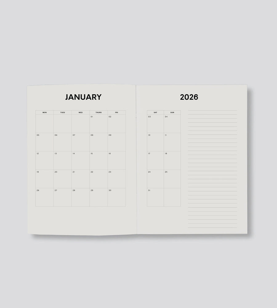 Calendar open to January 2026 on a light gray background