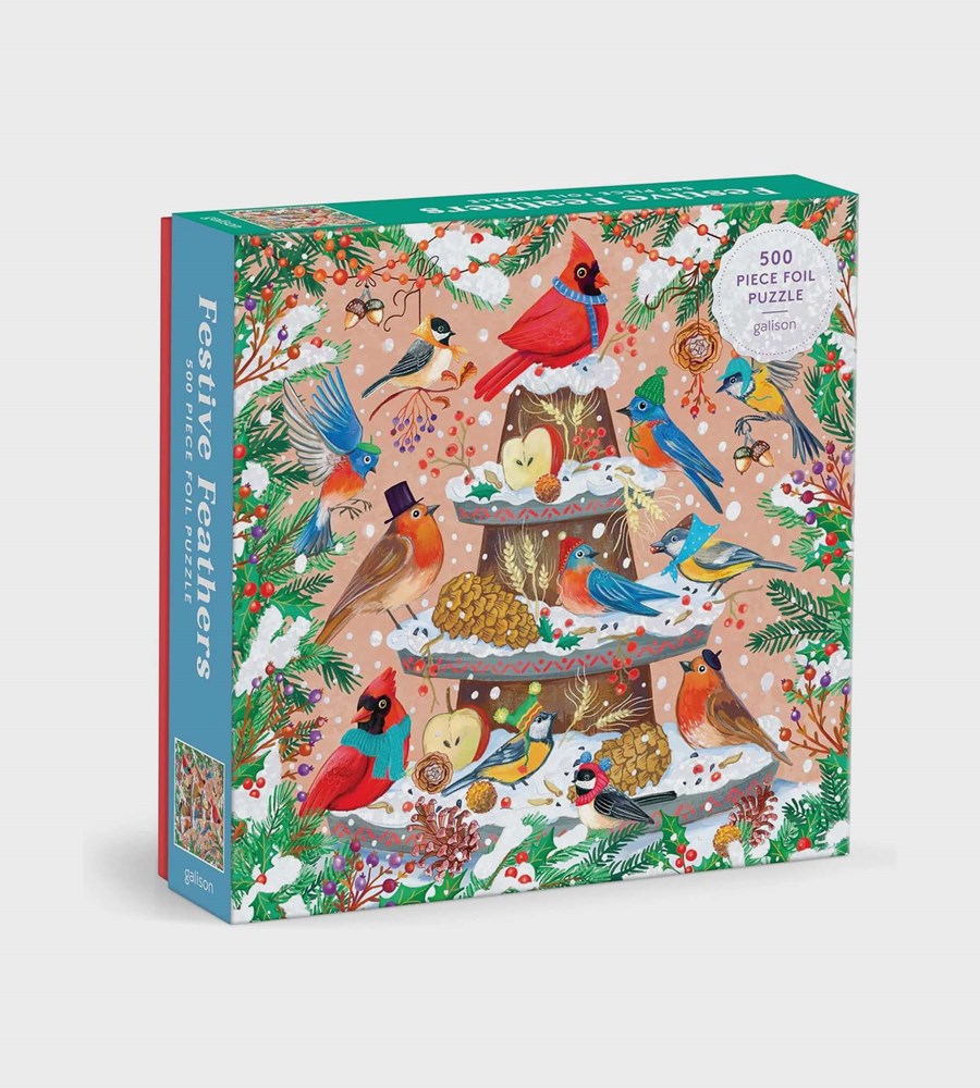 Jigsaw puzzle box with festive birds design on a white background