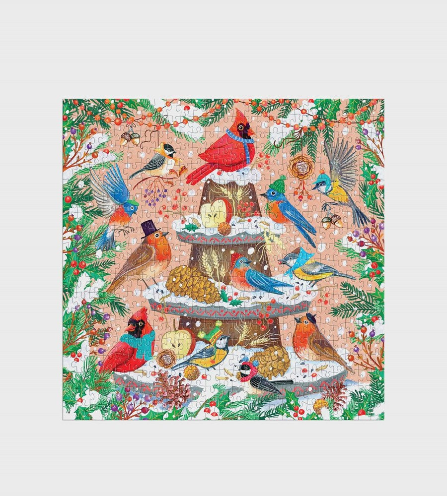Colorful puzzle with birds and a bird feeder on a decorative background