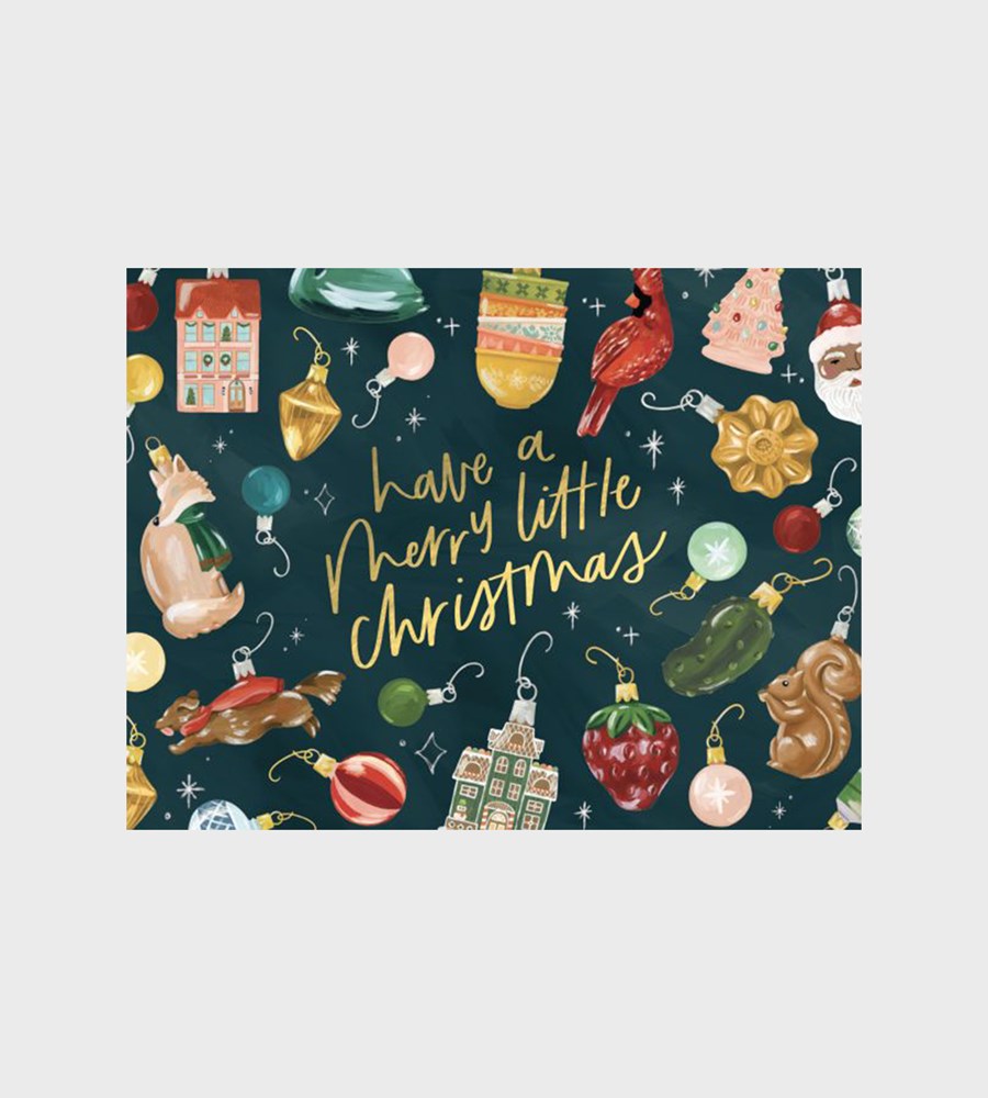 Christmas-themed design with ornaments and text 'have a merry little Christmas' on a dark blue background.