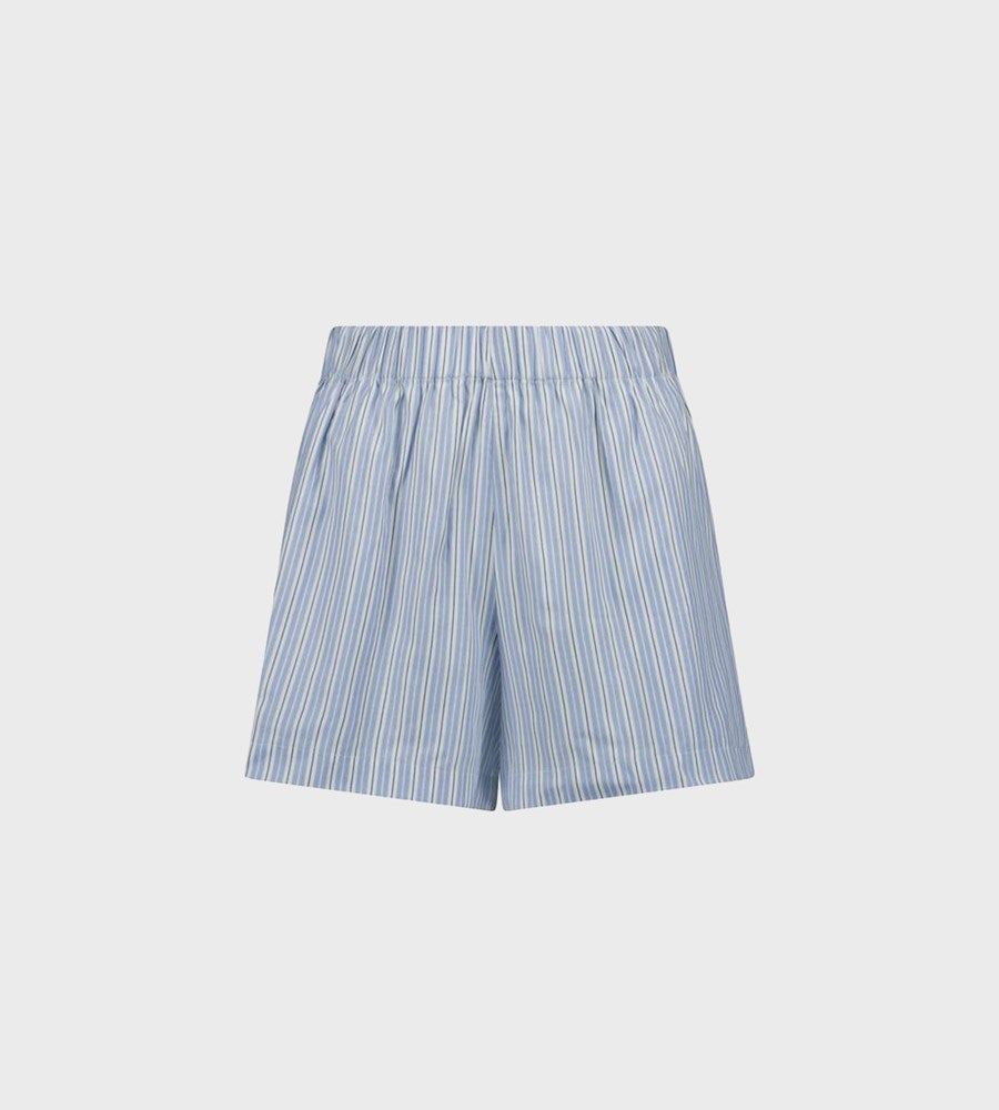 Blue striped shorts on a light gray background