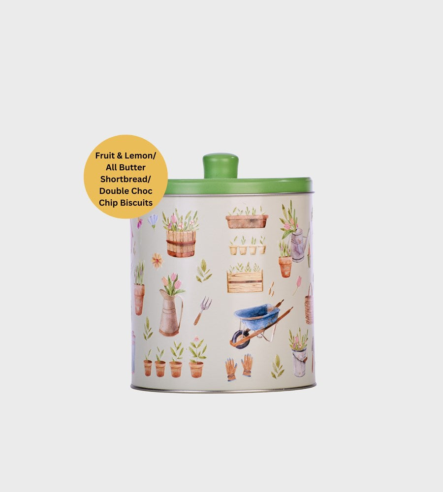Grandma Wild's Pottering Garden Round Tin 300g | Fruit & Lemon Shortbread and Dbl Choc Chip Biscuits