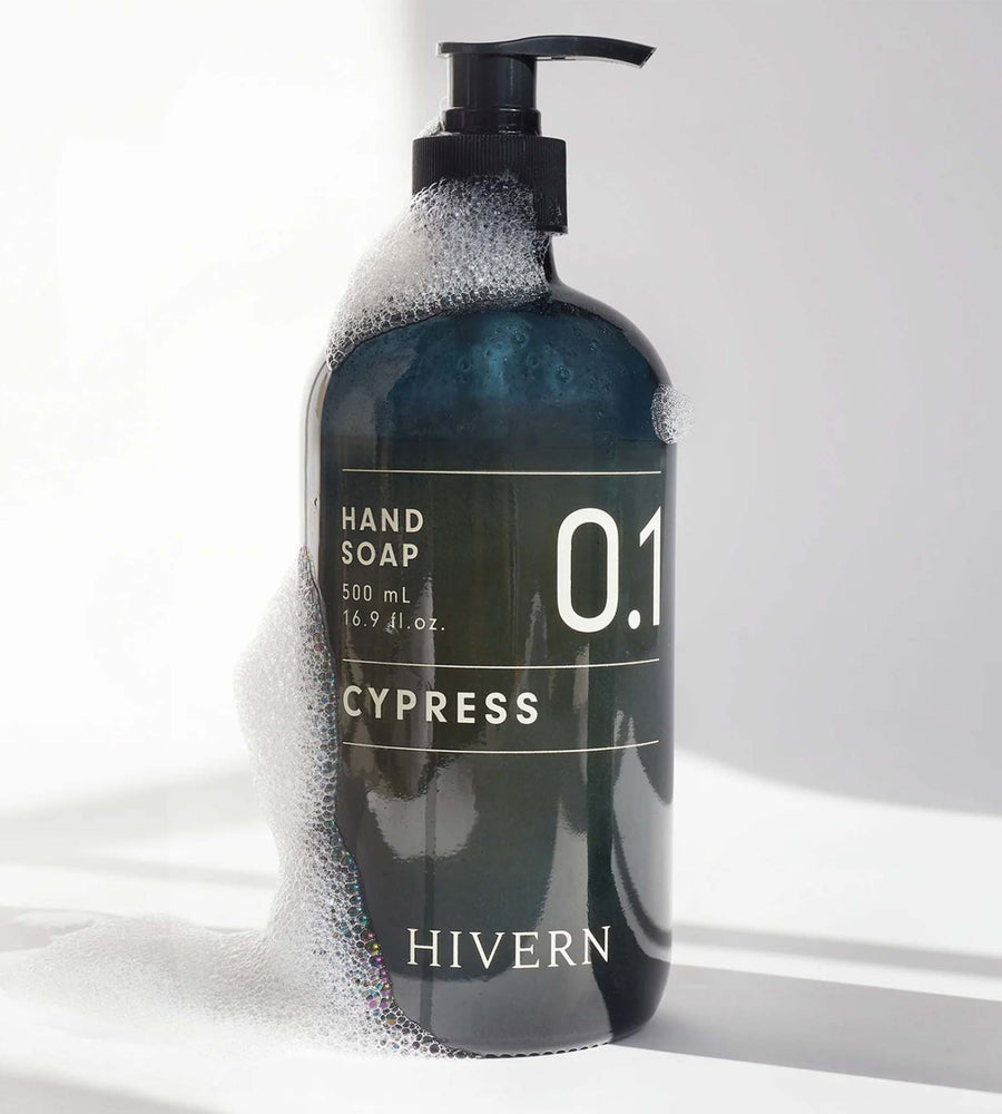 Hand soap bottle labeled 'Cypress' by Hivern on a white background