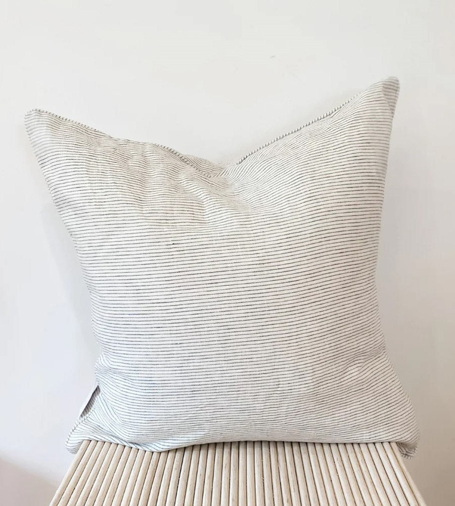 Home Lab | 100% French Flax Linen Feather filled Cushion | Charcoal Pinstripe