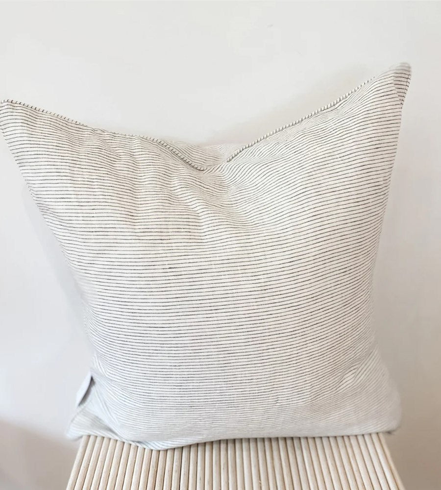 Home Lab | 100% French Flax Linen Feather filled Cushion | Charcoal Pinstripe